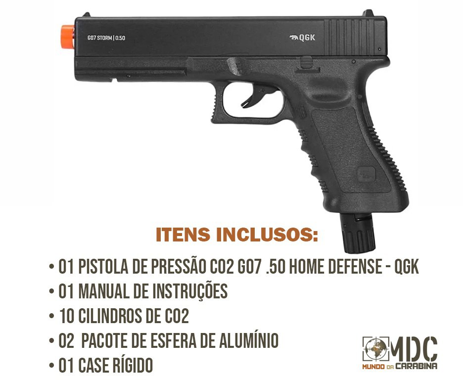 Pistola de Pressão CO2 Glock G07 .50 Home Defense HDP LDL 22 Joules - QGK + Co2 + Munição + Case