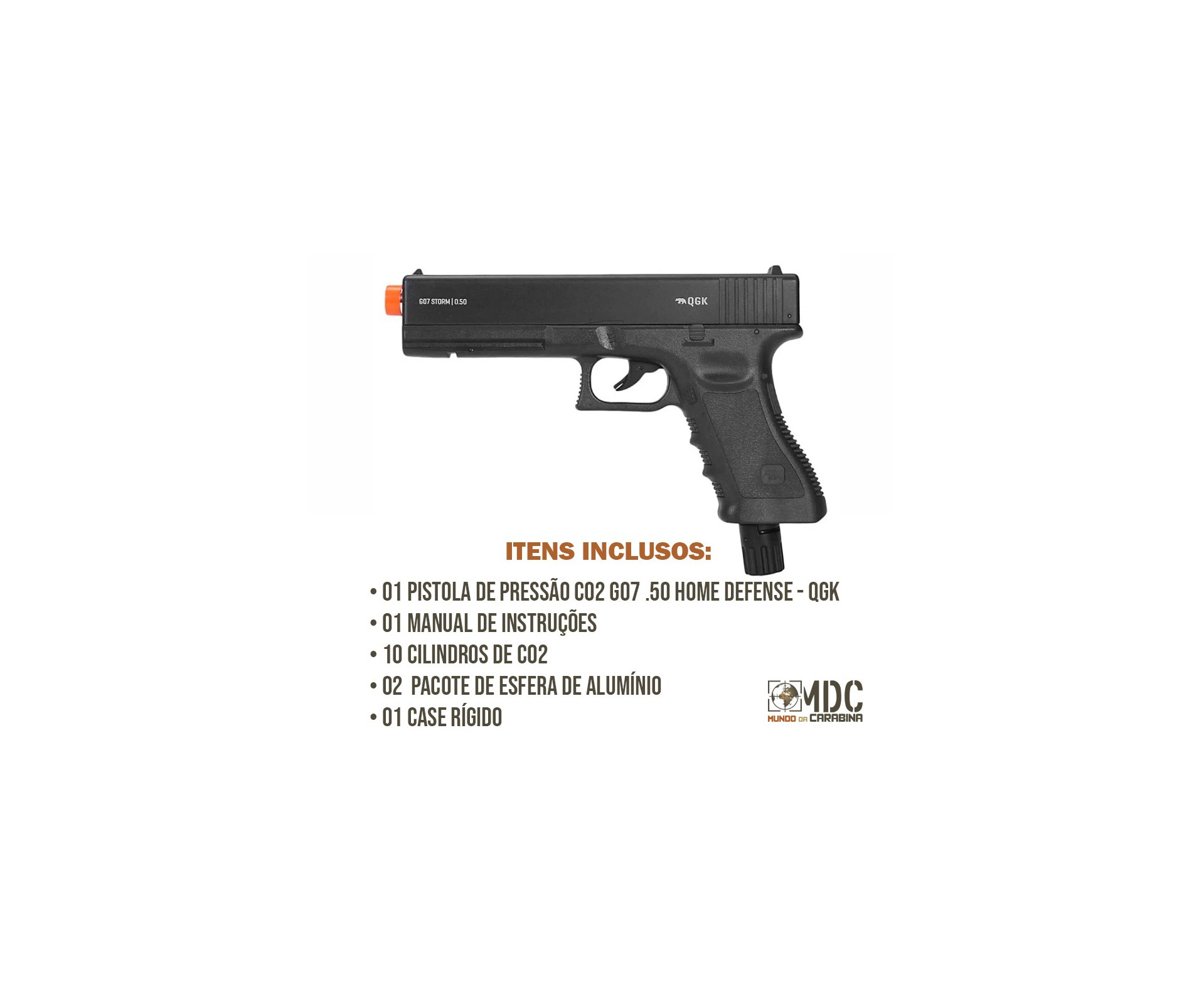 Pistola de Pressão CO2 Glock G07 .50 Home Defense HDP LDL 22 Joules - QGK + Co2 + Munição + Case