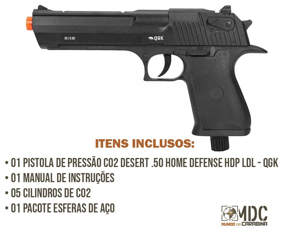 Pistola de Pressão CO2 Desert Eagle .50 Home Defense HDP LDL 20 J - QGK + Co2 + Munição