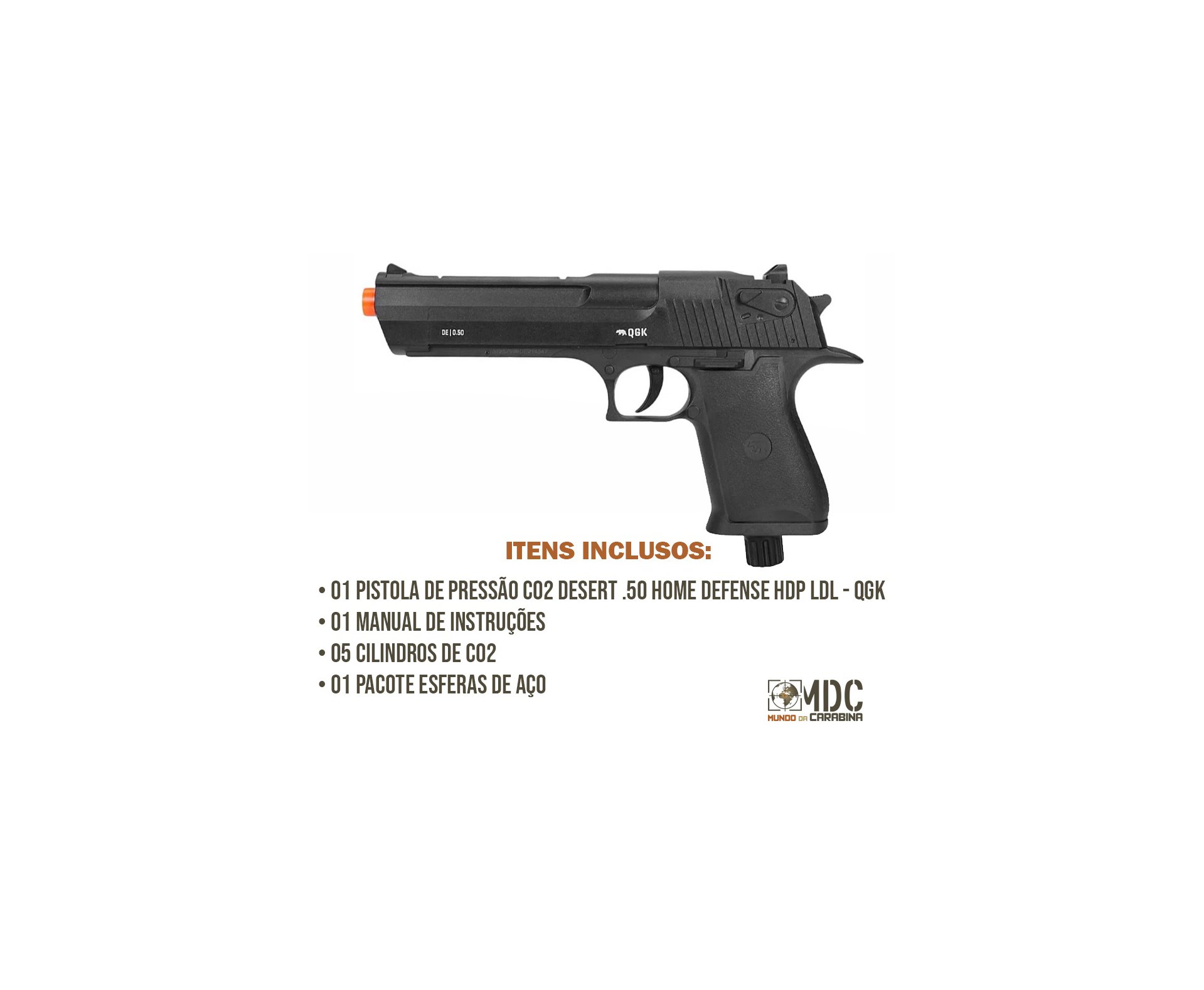 Pistola de Pressão CO2 Desert Eagle .50 Home Defense HDP LDL 20 J - QGK + Co2 + Munição