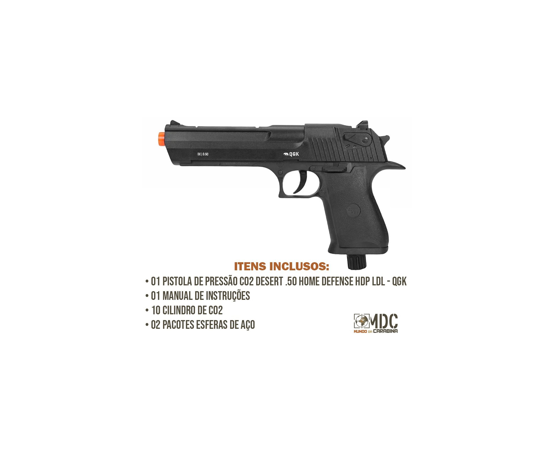 Pistola de Pressão CO2 Desert Eagle .50 Home Defense HDP LDL 20 J - QGK + 10 Co2 + Munição