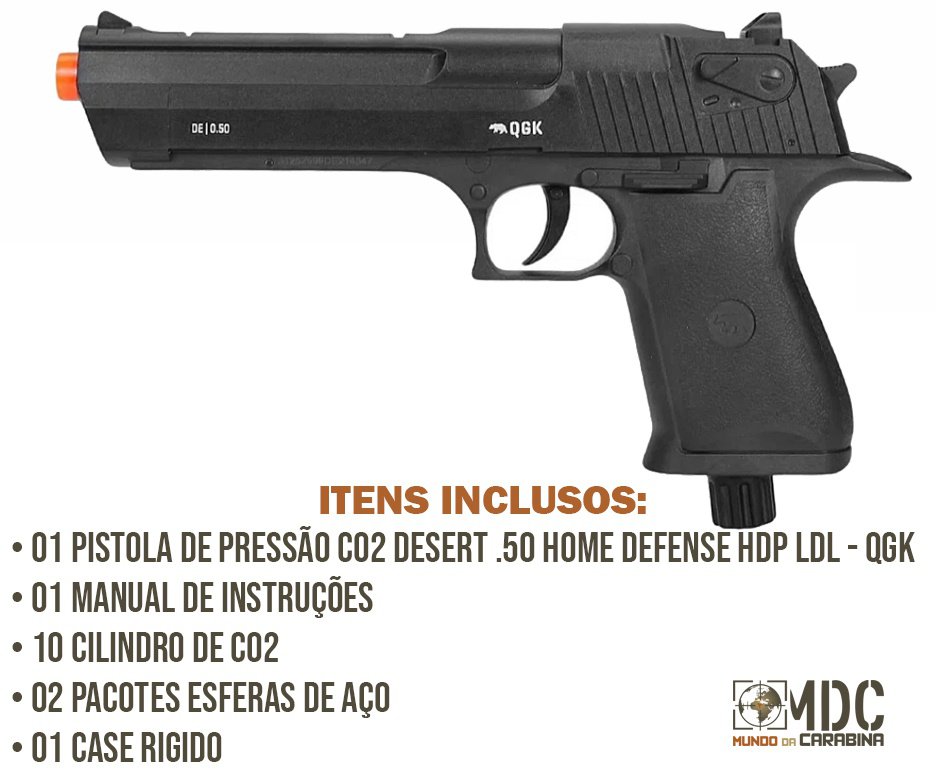 Pistola de Pressão CO2 Desert Eagle .50 Home Defense HDP LDL 20 J - QGK + 10 Co2 + Munição + Case
