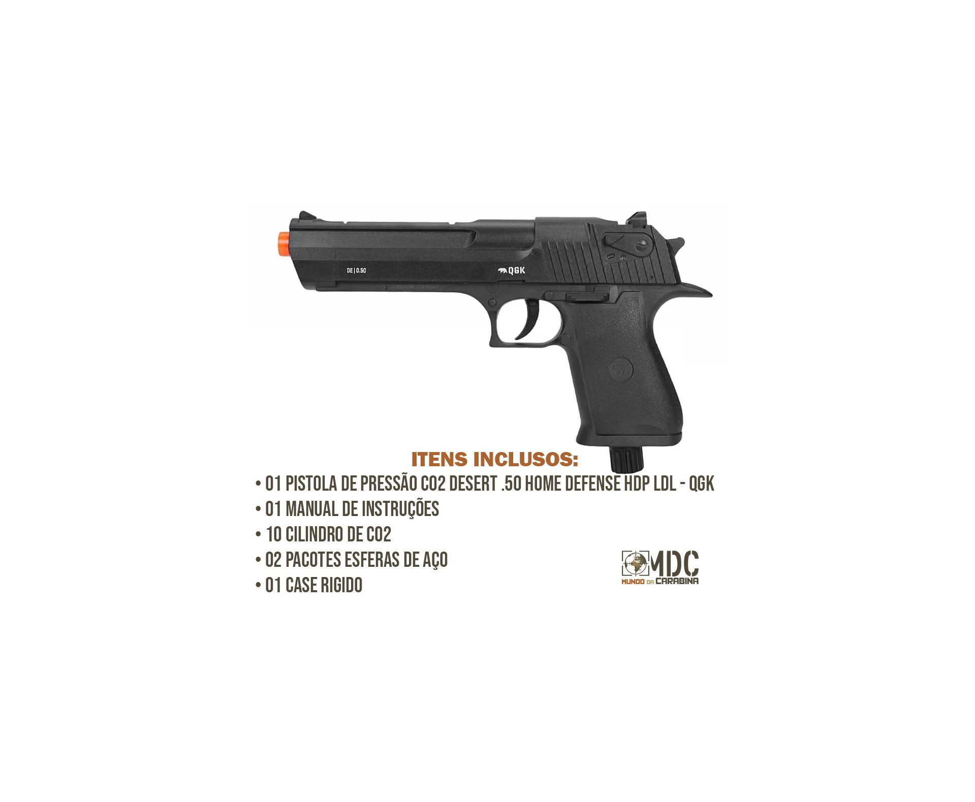 Pistola de Pressão CO2 Desert Eagle .50 Home Defense HDP LDL 20 J - QGK + 10 Co2 + Munição + Case