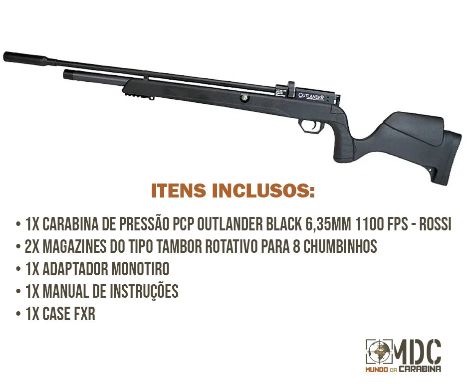 Carabina de Pressão PCP Outlander Black 6,35mm Alto Fluxo 1100 FPS - Rossi + Case FXR