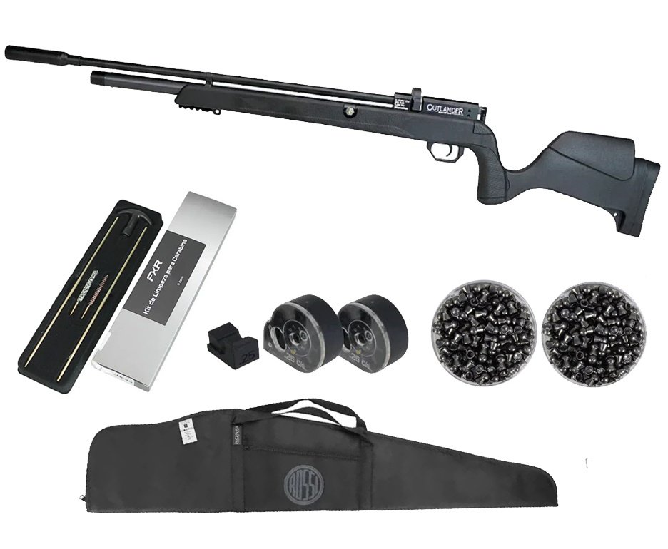 Carabina de Pressão PCP Outlander Black 6,35mm Alto Fluxo 1100 FPS - Rossi + Kit de Limpeza + Capa + Chumbos