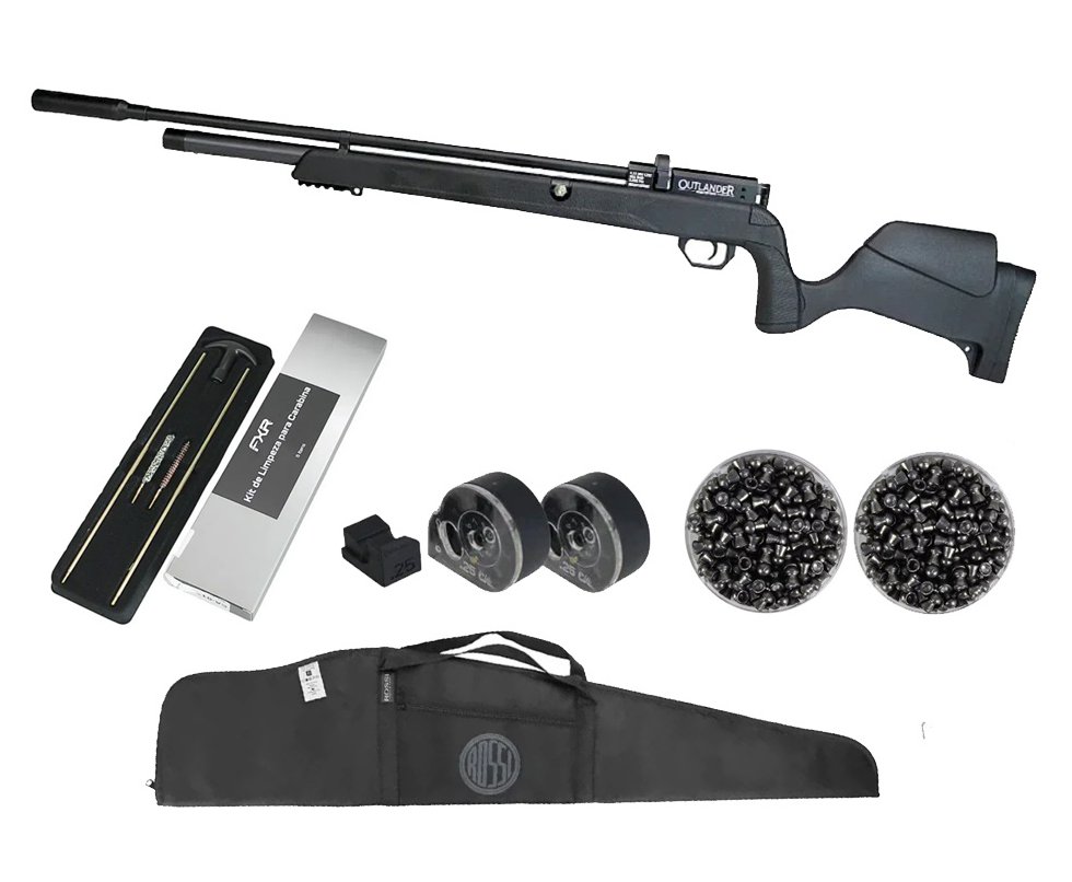 Carabina de Pressão PCP Outlander Black 6,35mm Alto Fluxo 1100 FPS - Rossi + Kit de Limpeza + Capa + Chumbos