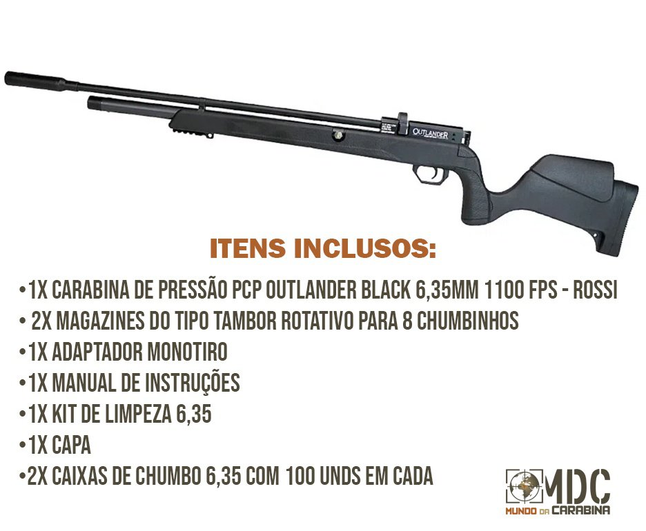 Carabina de Pressão PCP Outlander Black 6,35mm Alto Fluxo 1100 FPS - Rossi + Kit de Limpeza + Capa + Chumbos