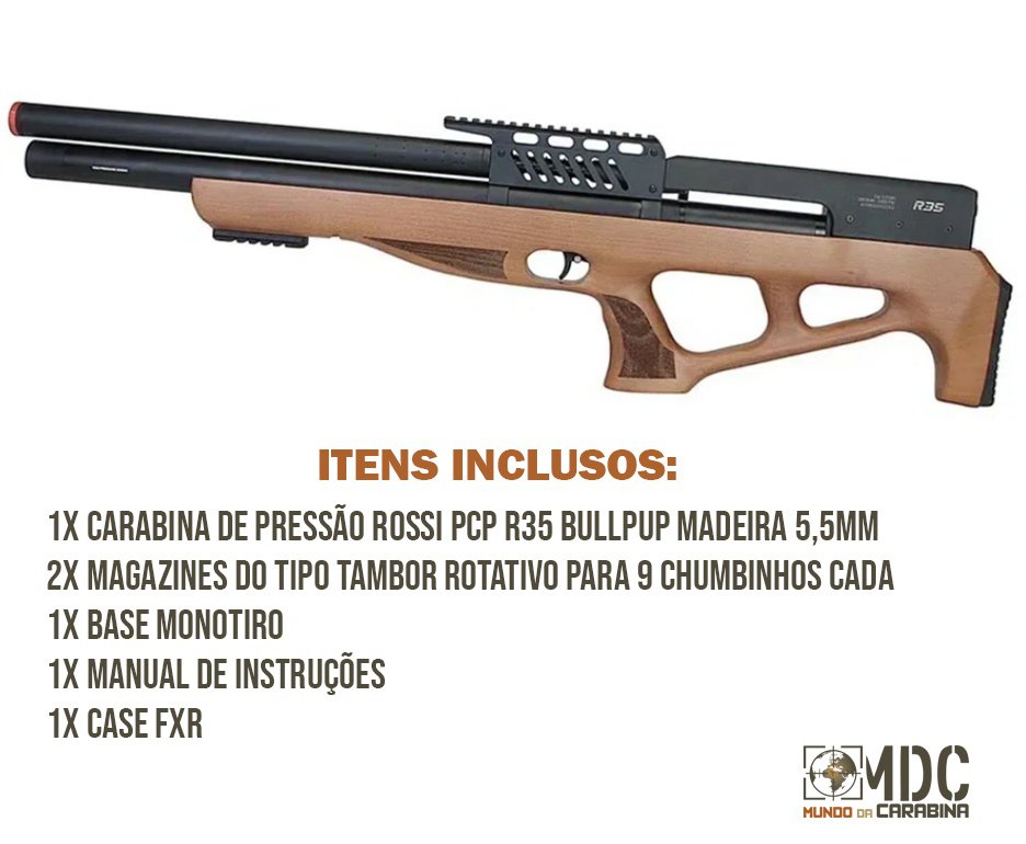 Carabina de Pressão PCP R35 Bullpup Madeira 5,5mm Rossi + Case FXR