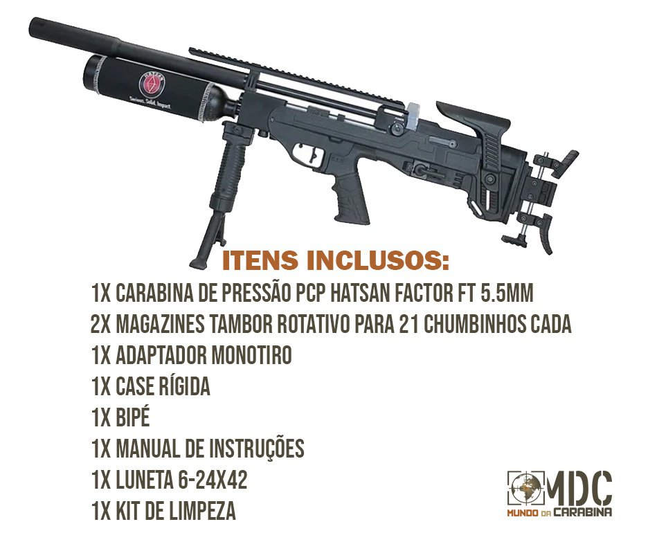 Carabina de Pressão PCP Hatsan Factor FT 5.5mm + Luneta 6-24x42 + Kit Limpeza + Desengripante + Alvos