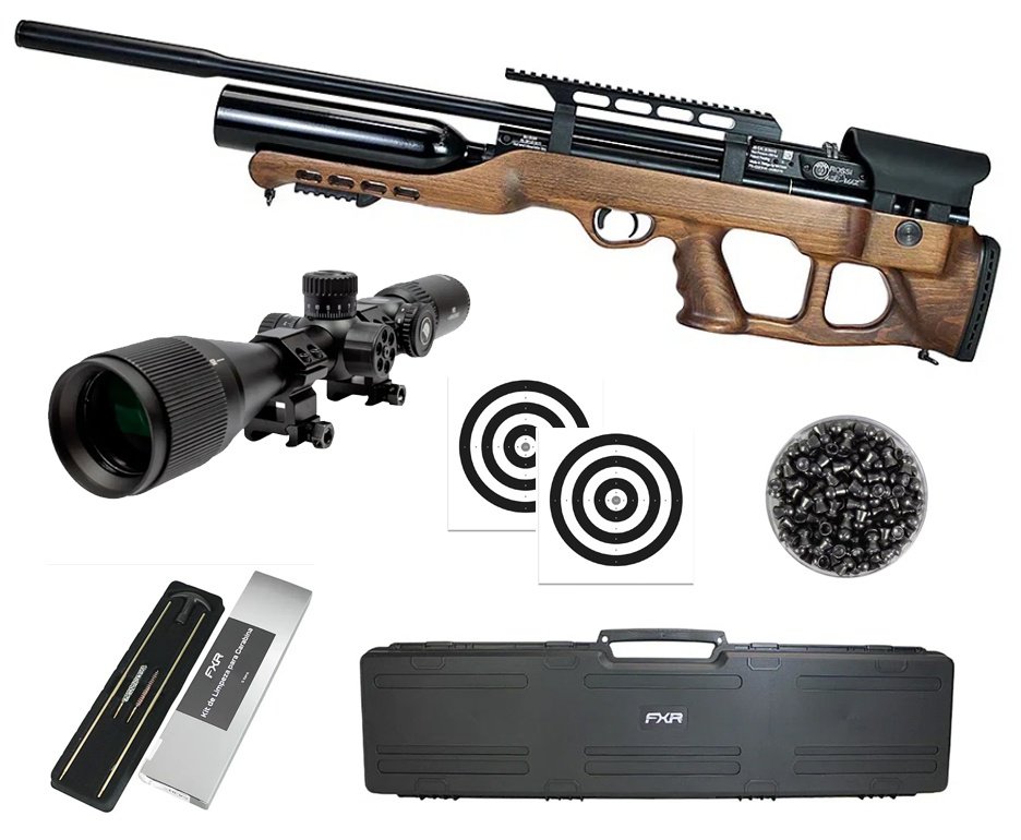 Carabina de Pressão PCP Hatsan Airmax Bullpup Madeira 6,35mm + Luneta 6-24x42 + Case + Kit de Limpeza + Alvos + Chumbos
