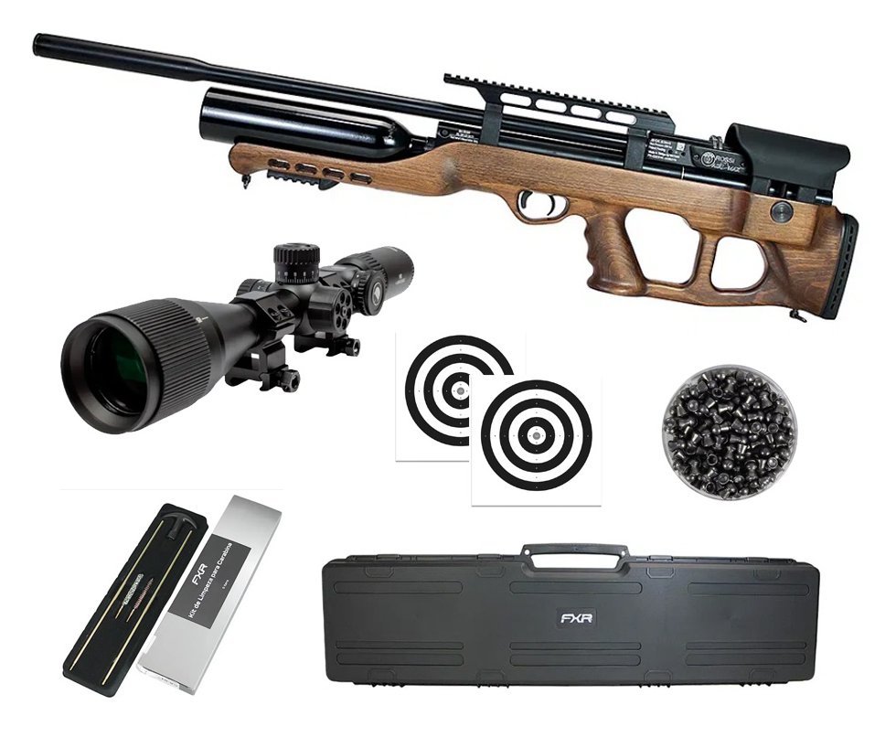 Carabina de Pressão PCP Hatsan Airmax Bullpup Madeira 6,35mm + Luneta 6-24x42 + Case + Kit de Limpeza + Alvos + Chumbos