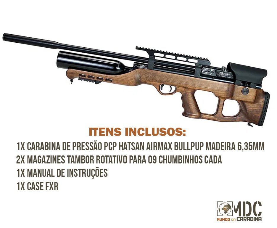 Carabina de Pressão PCP Hatsan Airmax Bullpup Madeira 6,35mm + Case FXR