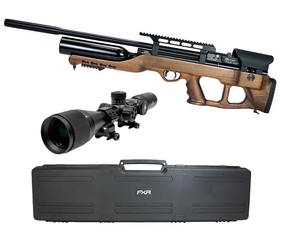 Carabina de Pressão PCP Hatsan Airmax Bullpup Madeira 6,35mm + Luneta 6-24x50 + Compressor PCP Compacto portátil