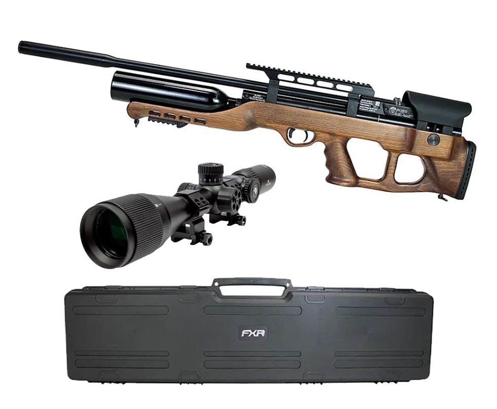 Carabina de Pressão PCP Hatsan Airmax Bullpup Madeira 6,35mm + Luneta 6-24x50 + Compressor PCP Compacto portátil