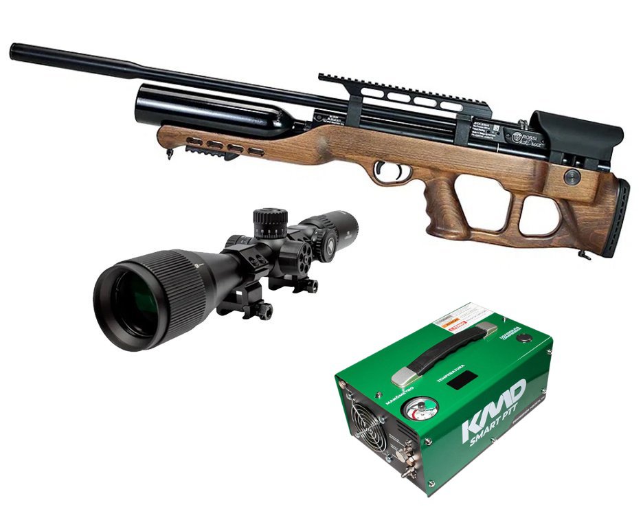 Carabina de Pressão PCP Hatsan Airmax Bullpup Madeira 6,35mm + Luneta 6-24x50 + Compressor PCP Compacto portátil