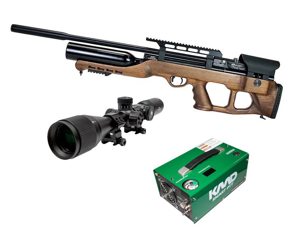 Carabina de Pressão PCP Hatsan Airmax Bullpup Madeira 6,35mm + Luneta 6-24x50 + Compressor PCP Compacto portátil