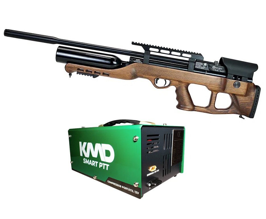 Carabina de Pressão PCP Hatsan Airmax Bullpup Madeira 6,35mm + Compressor PCP Compacto portátil
