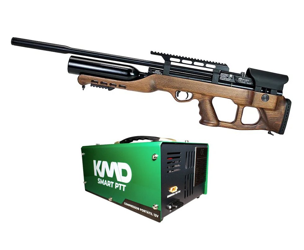 Carabina de Pressão PCP Hatsan Airmax Bullpup Madeira 6,35mm + Compressor PCP Compacto portátil