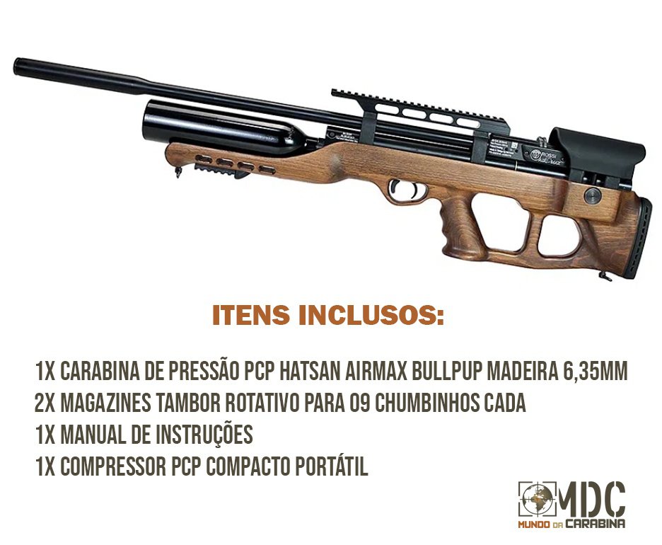 Carabina de Pressão PCP Hatsan Airmax Bullpup Madeira 6,35mm + Compressor PCP Compacto portátil