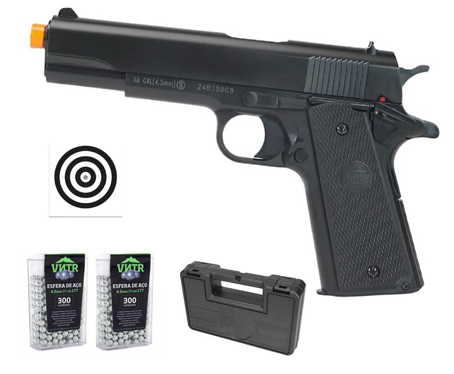 Pistola de Pressão KWC 1911 4,5mm Spring Mola - Rossi + BBS + Alvos + Case