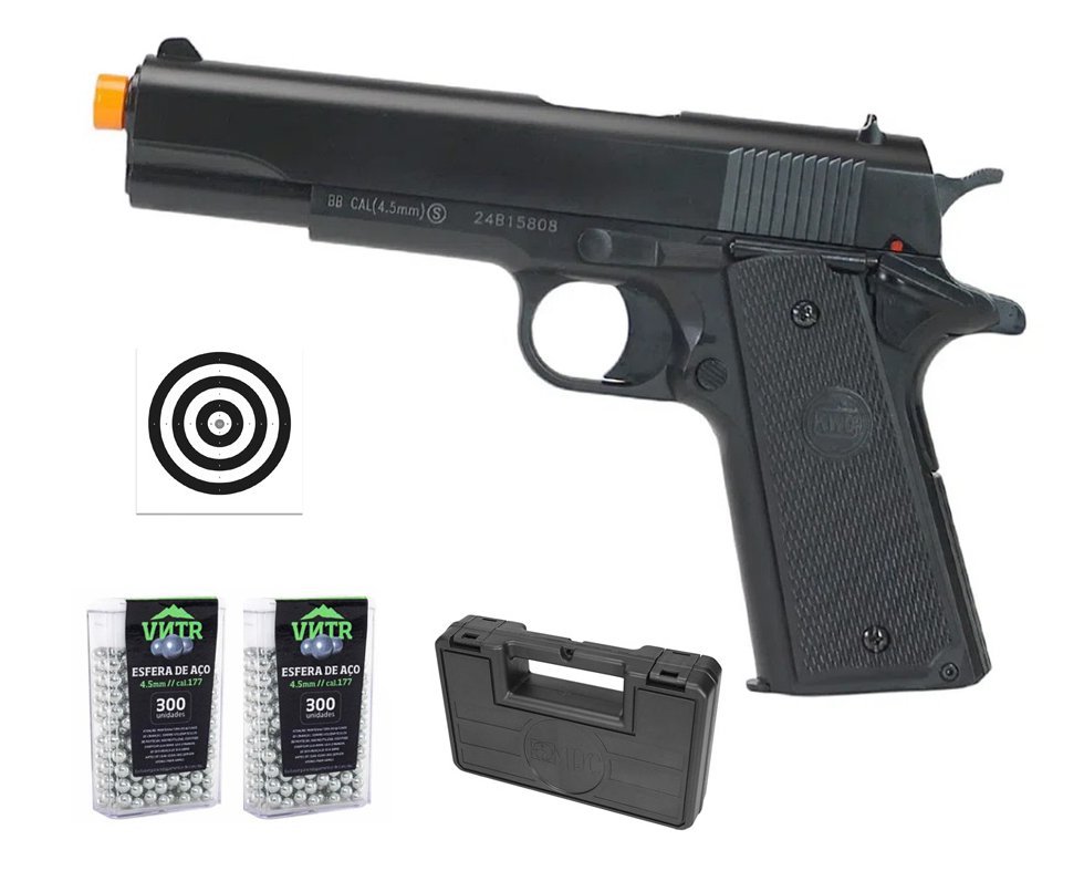 Pistola de Pressão KWC 1911 4,5mm Spring Mola - Rossi + BBS + Alvos + Case