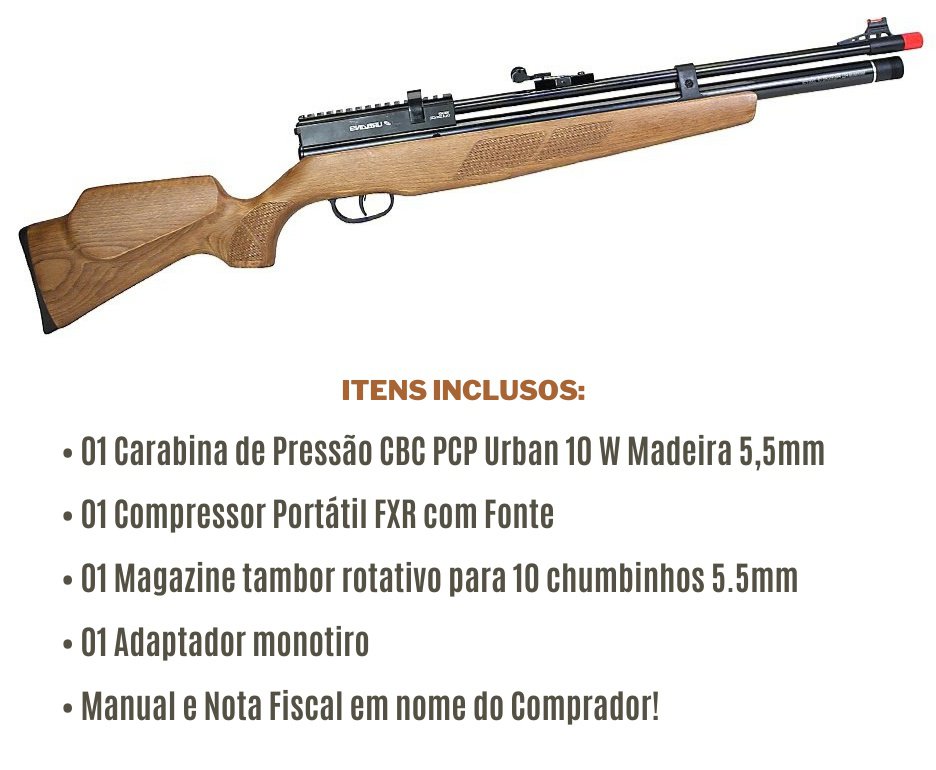 Carabina de Pressão CBC PCP Urban 10 W Madeira 5,5mm + Compressor Portátil Trivolt Compact
