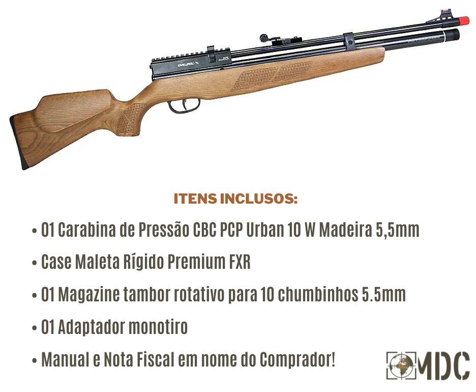 Carabina de Pressão CBC PCP Urban 10 W Madeira 5,5mm + Case FXR