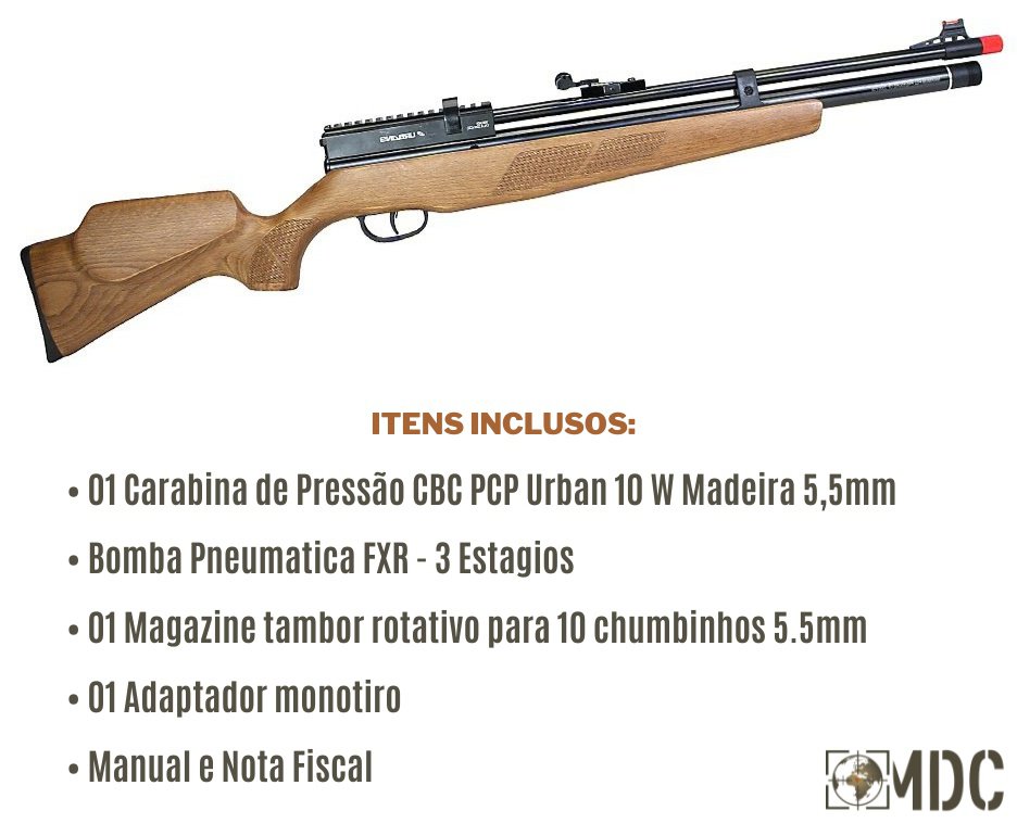 Carabina de Pressão CBC PCP Urban 10 W Madeira 5,5mm + Bomba