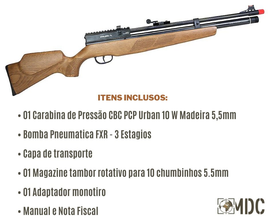 Carabina de Pressão CBC PCP Urban 10 W Madeira 5,5mm + Bomba + Capa