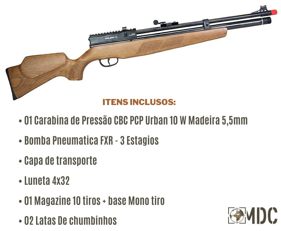 Carabina de Pressão CBC PCP Urban 10 W Madeira 5,5mm + Bomba + Capa + Luneta 4x32 + Chumbos