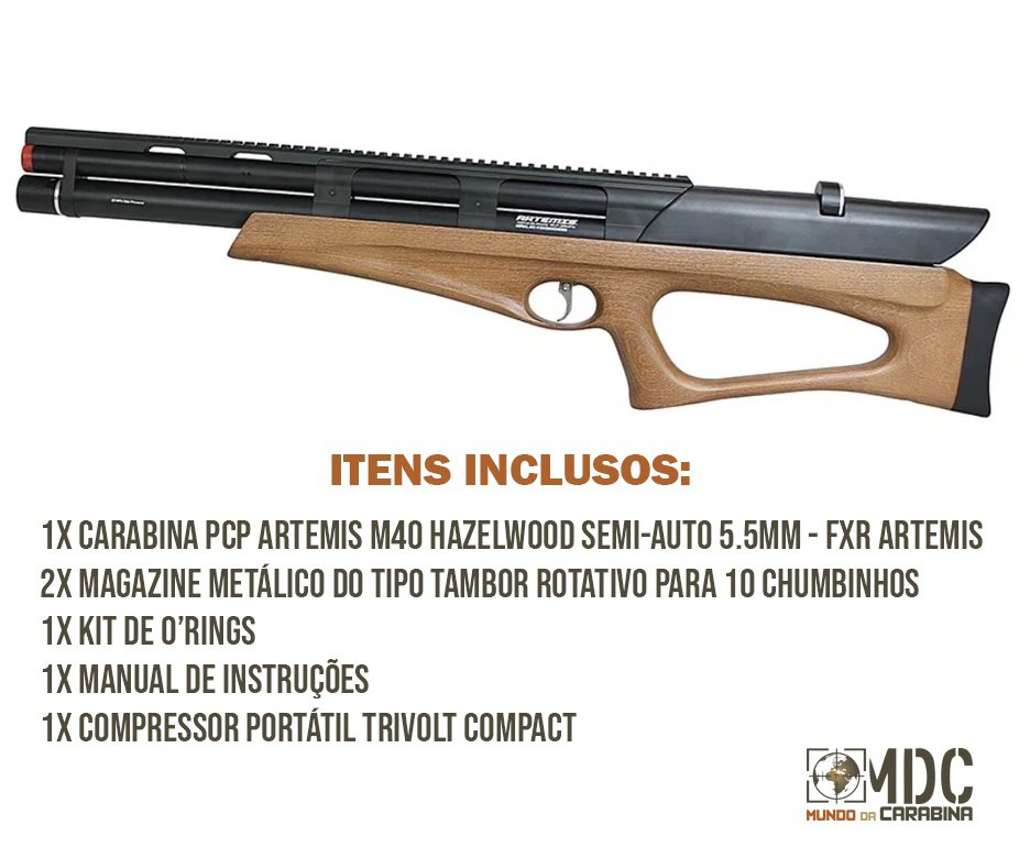 Carabina PCP Artemis Bullpup M40 Hazelwood Semi-Auto 5.5mm - FXR Artemis + Compressor Portátil Trivolt Compact
