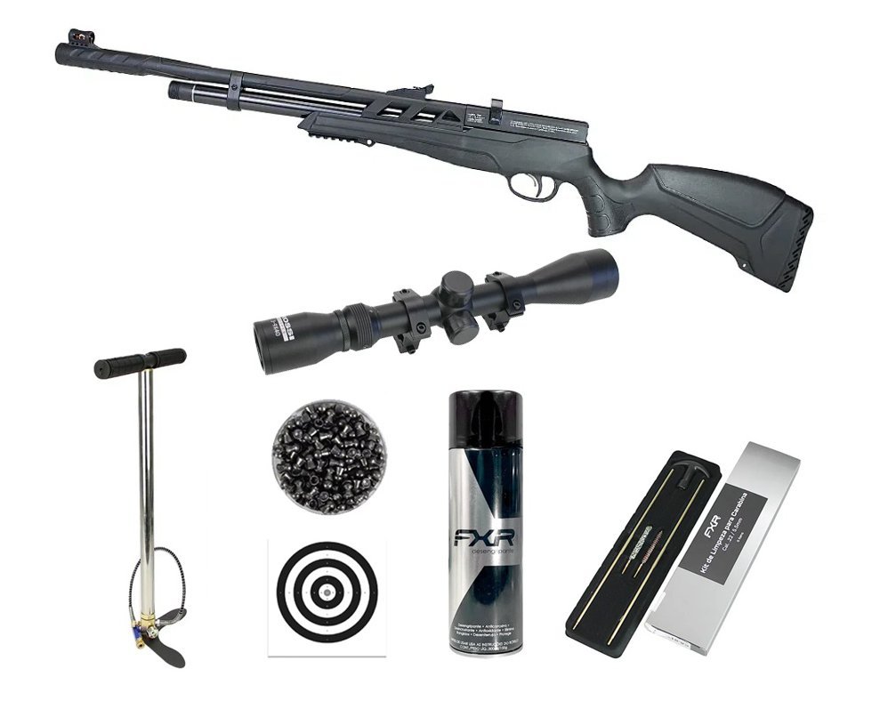 Carabina de Pressão Beeman PCP 1320 Polimero 6,35mm - Rossi + Bomba + Capa + Luneta 3-9x40 + Chumbos + Alvos + Desengripante/Anticorrosivo