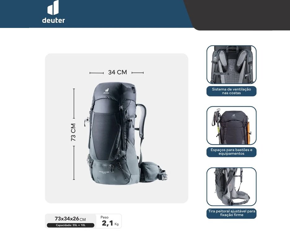 Mochila Deuter Futura Air Trek 55+10 SL New - Preto