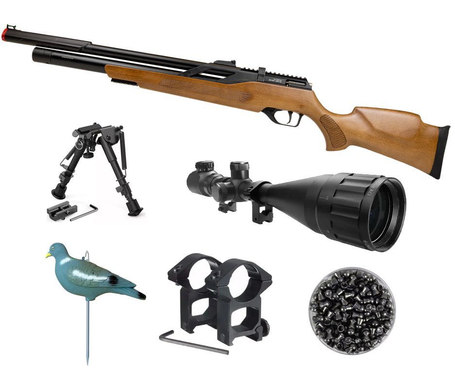 Carabina PCP Rossi T-REX Montecarlo Madeira Big Bore 6,35mm + Bipe + Chumbo + Luneta 6-24x50 + Chama Pássaro