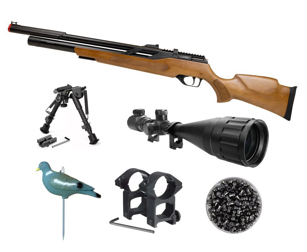 Carabina PCP Rossi T-REX Montecarlo Madeira Big Bore 6,35mm + Bipe + Chumbo + Luneta 6-24x50 + Chama Pássaro