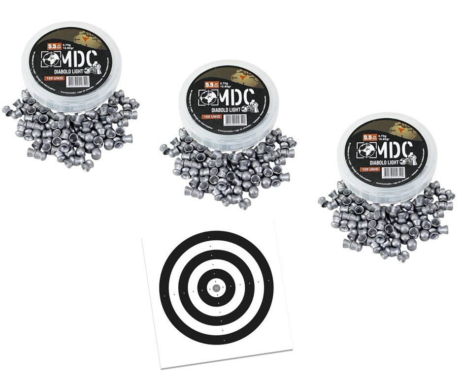 Kit 3 Cx do Chumbinho MDC Diabolô Light 5.5 10,80gr para carabinas e pistolas pressão - 100un + Alvos