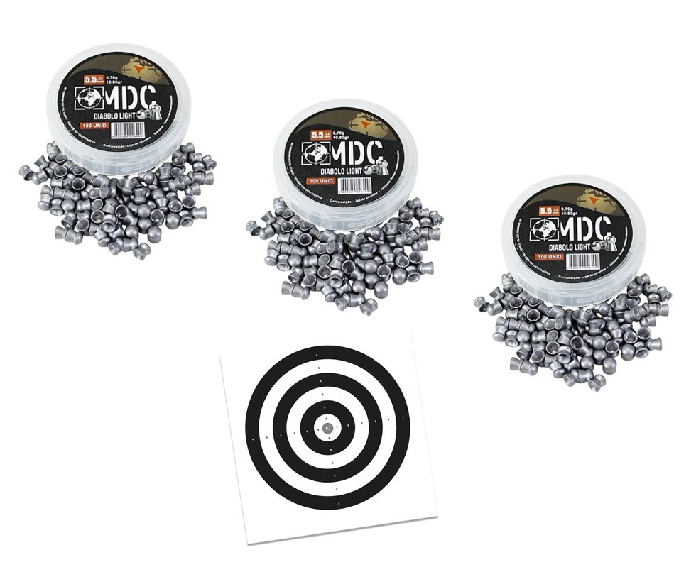 Kit 3 Cx do Chumbinho MDC Diabolô Light 5.5 10,80gr para carabinas e pistolas pressão - 100un + Alvos