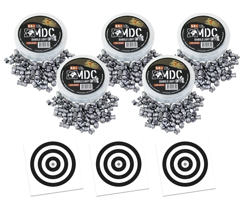 Kit 5 Cx do Chumbinho MDC Diabolô Light 5.5 10,80gr para carabinas e pistolas pressão - 100un + Alvos