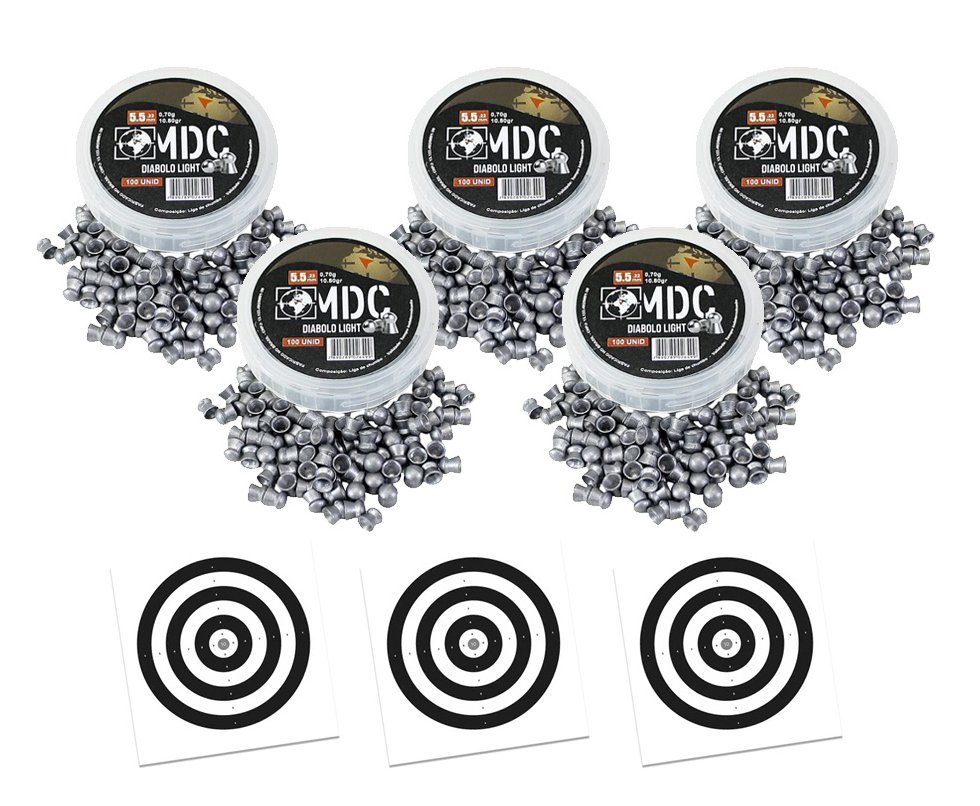 Kit 5 Cx do Chumbinho MDC Diabolô Light 5.5 10,80gr para carabinas e pistolas pressão - 100un + Alvos