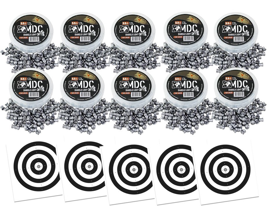 Kit 10 Cx do Chumbinho MDC Diabolô Light 5.5 10,80gr para carabinas e pistolas pressão - 100un + Alvos