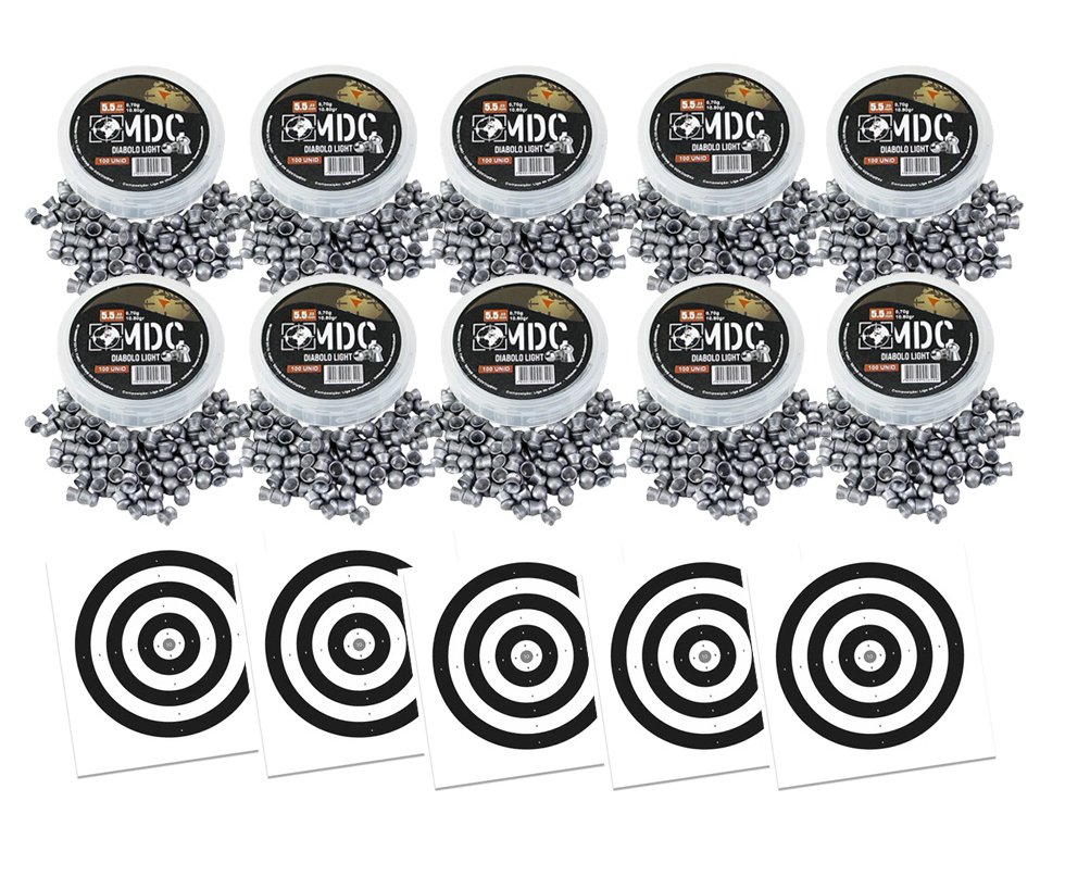 Kit 10 Cx do Chumbinho MDC Diabolô Light 5.5 10,80gr para carabinas e pistolas pressão - 100un + Alvos