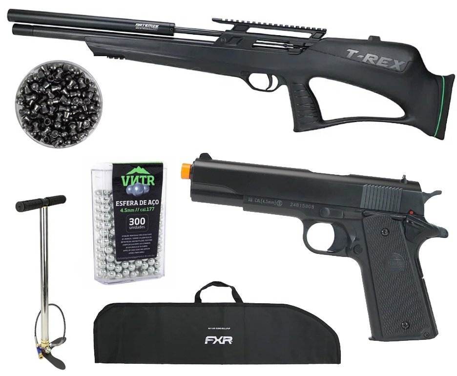 Carabina de Pressão PCP Artemis T-REX Bullpup 5,5mm com Válvula Reguladora - Fixxar + Bomba + Capa + Chumbos + Pistola de Pressão + BBS
