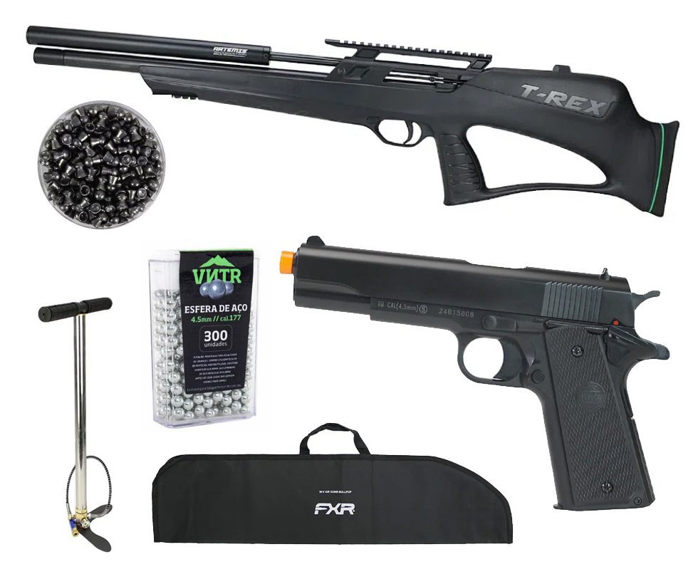 Carabina de Pressão PCP Artemis T-REX Bullpup 5,5mm com Válvula Reguladora - Fixxar + Bomba + Capa + Chumbos + Pistola de Pressão + BBS