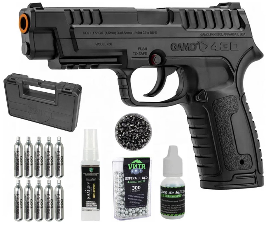 Pistola Gamo P-430 Dual Fuel CO2 4,5mm dispara Chumbinhos e BBs + Co2 + Chumbinho + BBS + Alvos + Case + Kamuff + Óleo de Silicone