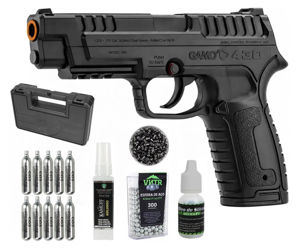 Pistola Gamo P-430 Dual Fuel CO2 4,5mm dispara Chumbinhos e BBs + Co2 + Chumbinho + BBS + Alvos + Case + Kamuff + Óleo de Silicone