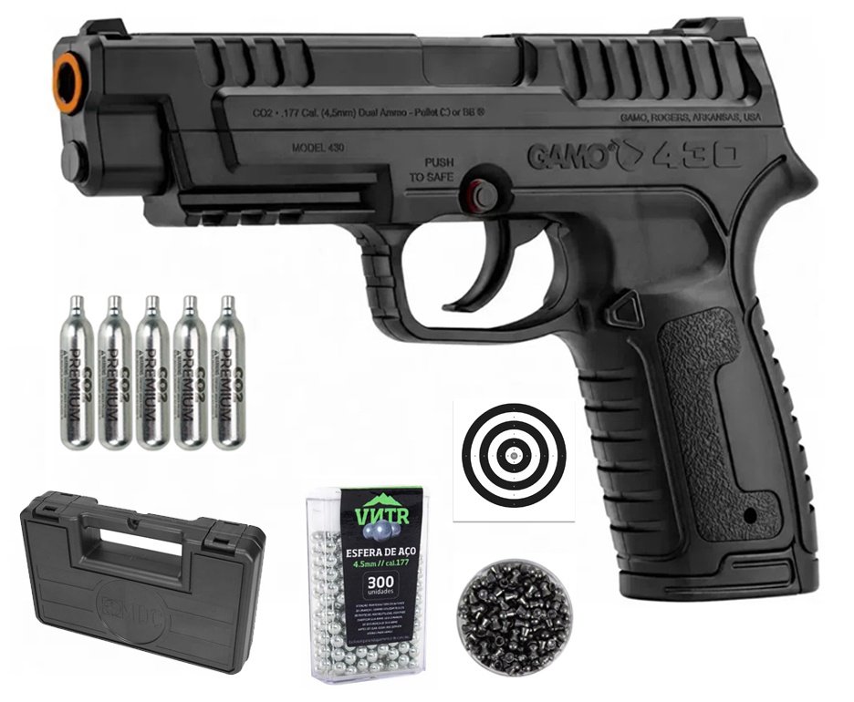 Pistola Gamo P-430 Dual Fuel CO2 4,5mm dispara Chumbinhos e BBs + Co2 + Chumbinho + BBS + Alvos + Case