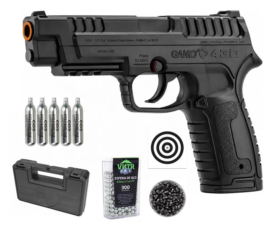 Pistola Gamo P-430 Dual Fuel CO2 4,5mm dispara Chumbinhos e BBs + Co2 + Chumbinho + BBS + Alvos + Case