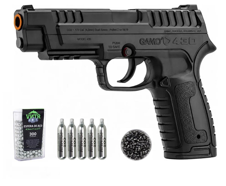 Pistola Gamo P-430 Dual Fuel CO2 4,5mm dispara Chumbinhos e BBs + Co2 + Chumbinho + BBS