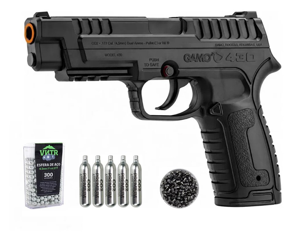 Pistola Gamo P-430 Dual Fuel CO2 4,5mm dispara Chumbinhos e BBs + Co2 + Chumbinho + BBS