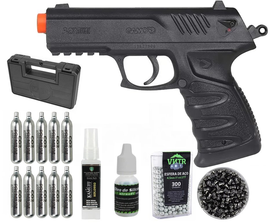 Pistola de Pressão CO2 Gamo P-27 Dual Ammo 4,5mm - compatível com Chumbinhos e BBs + Co2 + Chumbinho + BBS + Alvos + Case + Kamuff + Óleo de Silicone